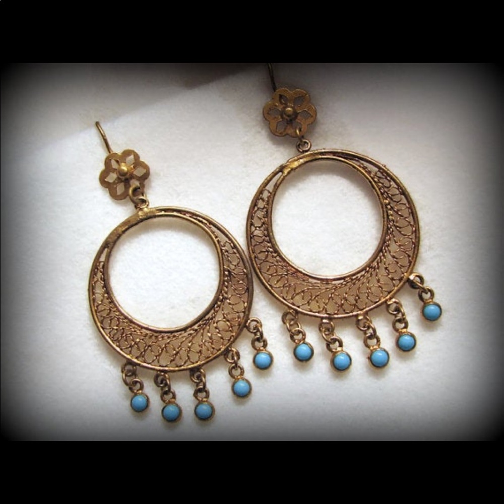 Vintage Thai silver gold wash filigree floral circle earrings with glass